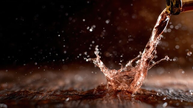 A close-up shot of sparkling beverage being poured, capturing the beauty of droplets splashing and the effervescent bubbles rising, evoking a sense of refreshment and joy.