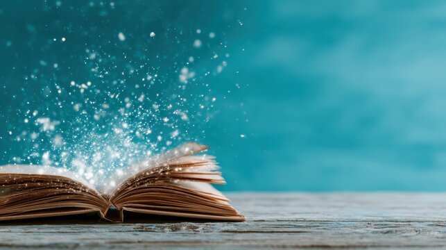 An open book lies on a rustic wooden surface, with magical sparkles emanating from its pages, symbolizing the power of knowledge, imagination, and the beauty of storytelling.