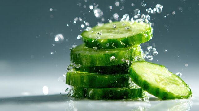 Fresh cucumber slices cascading through water droplets, encapsulating a sense of freshness and vitality, ideal for promoting healthy eating habits and culinary art.