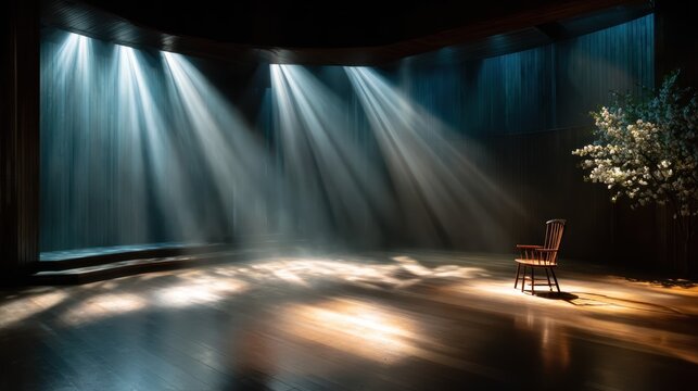 A captivating stage scene enhanced by dramatic lighting and shadows, creating an atmosphere filled with anticipation and intrigue for performances or presentations.