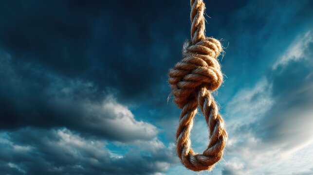 A stark and powerful image of a rope noose suspended against a backdrop of dark, stormy clouds, evoking themes of distress and deep emotional struggles faced by individuals.