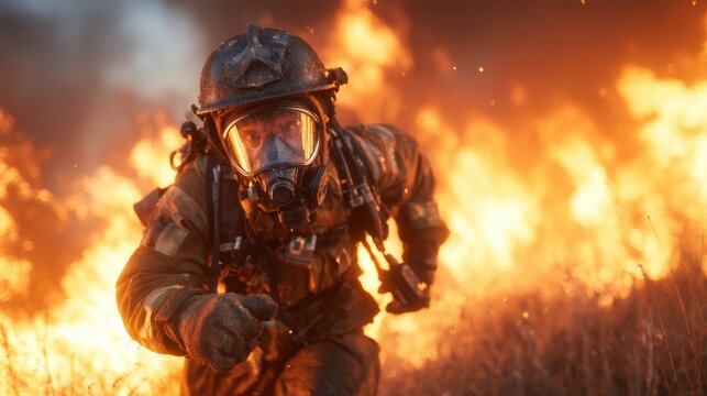 A courageous firefighter bravely charges towards the fierce flames of a wildfire, illustrating heroism, duty, and the relentless fight against nature's destructive forces.