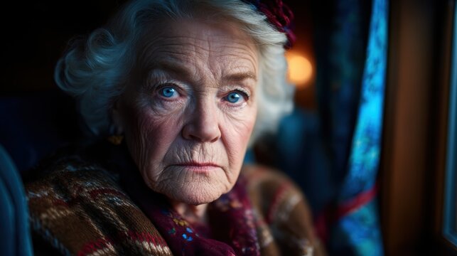 An elderly woman with striking blue eyes and a contemplative expression, capturing the wisdom and emotions that come with a lifetime of experiences and memories.