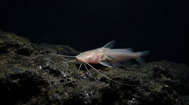 A rare blind cave catfish swimming in dark underground water.