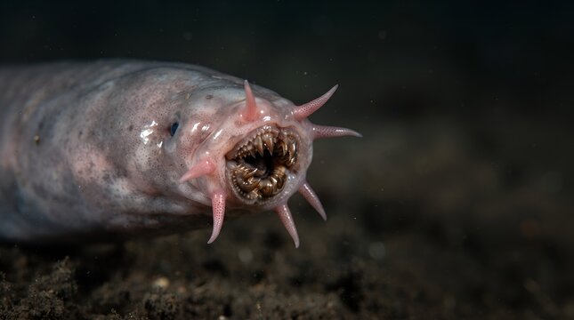 Close up portrait of a hagfish in the deep sea.
