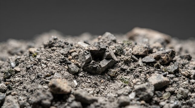 Close up of a dark rock embedded in a pile of coarse gravel and stone.