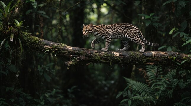 Margay cat walking along a mossy tree branch in the dark tropical rainforest.