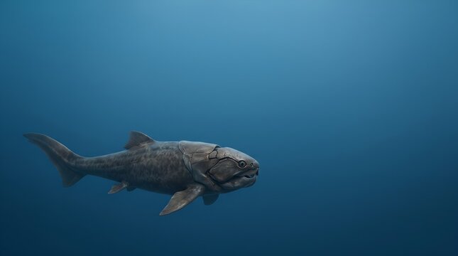 Prehistoric Dunkleosteus Fish Swimming in Deep Blue Ocean.