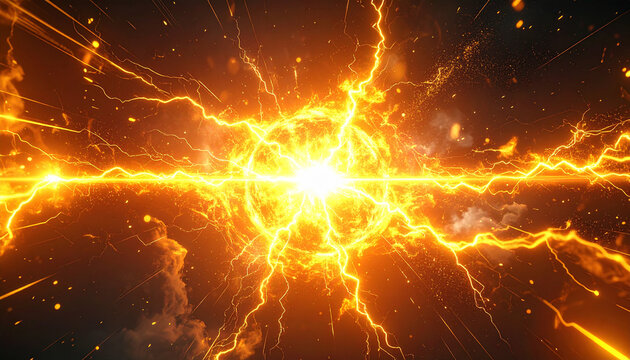 黄金の電気エネルギーが一点に集まるチャージエフェクト
Golden electric energy charge effect converging to a central point