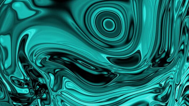 Abstract cyan liquid marble swirl background. Glowing turquoise molten chrome oil motion texture. Futuristic teal metallic fluid wave pattern.