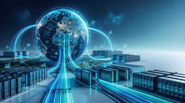 Global digital economy ecosystem with data center, glowing network lines, futuristic technology, and earth hologram, representing innovation, connectivity, and business growth