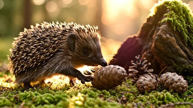 Hedgehog sniffs pinecone on moss at sunset in forest. Wildlife animal explores pinecone near log with moss. Hedgehog forages on forest floor during sunset. Nature wildlife with hedgehog and moss.