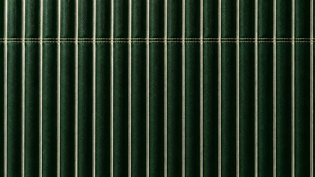 Close up of dark green fabric with vertical white pinstripes and subtle stitching detail creating a textured background pattern