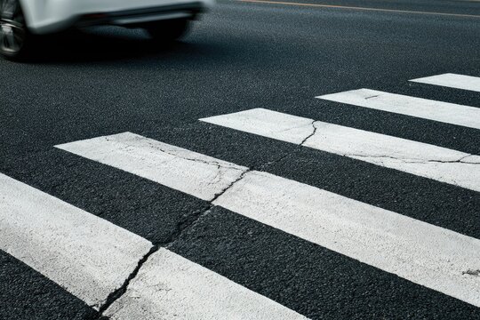 Cracked asphalt zebra crossing with a blurred car passing