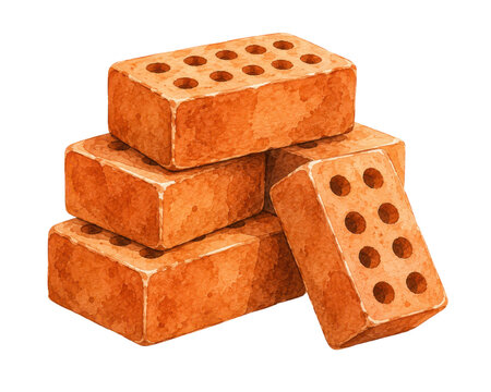 Red clay perforated bricks stacked on white, rustic masonry building materials, isolated construction supplies for architecture projects
