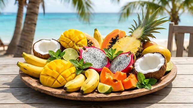 Exotic fruit platter on beach table.
