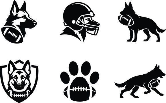 German Shepherd American Football Logo Icon Set in Black Silhouette Vector Style