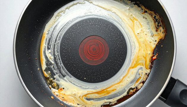 油汚れが残った使用後のフライパンのクローズアップ
Close-up of a used frying pan with greasy residue