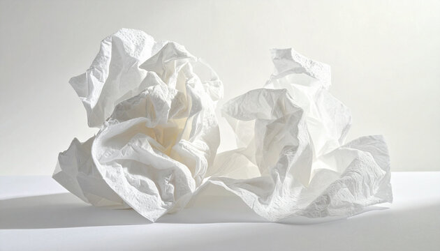 丸められた使用済みティッシュペーパーのクローズアップ背景
Close-up of crumpled used tissue papers on a clean background