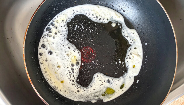 使用後のフライパンに残った油汚れのクローズアップ
Close-up of greasy residue left in a used frying pan