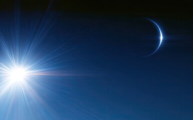 Fototapeta premium Bright stellar glare illuminates crescent planet against deep blue cosmic backdrop
