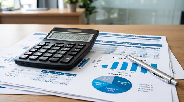 A calculator rests on financial reports featuring charts and graphs, symbolizing business analysis, accounting, and financial planning