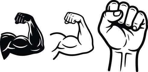 Obraz premium Muscular Arm and Fist Icon Set with Flexed Bicep for Strength, Gym, Fitness, and Power Symbol Designs