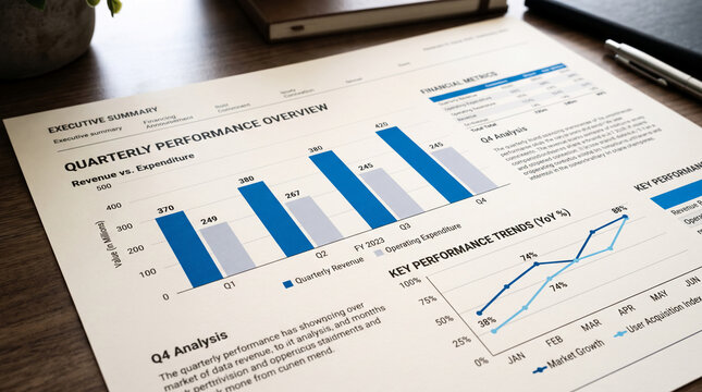 Financial report with charts showing quarterly performance and trends, symbolizing business growth, analysis, and strategy.