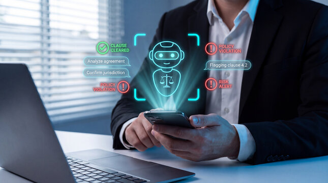Compliance Officer Using Smartphone in Office to Analyze AI Legal Risk Alerts Contract Clause Verification and Data Privacy Policy Violations with Holographic Assistant Interface