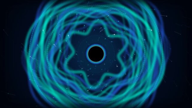 Mesmerizing digital energy vortex with a black void center, dynamically swirling blue and green glowing wave-like rings, and radiating particles on a dark background. This futuristic top-down anima...