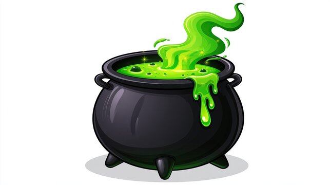 Illustration of a cartoon cauldron filled with a bubbling green potion, set against a white background, evoking a Halloween theme.