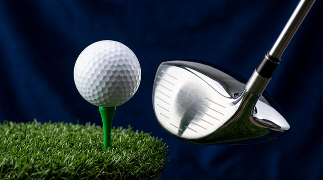 Close-up of a golf ball on a tee and a driver club head, showcasing sports equipment ready for play, representing competition, skill, and leisure, against a dark blue background