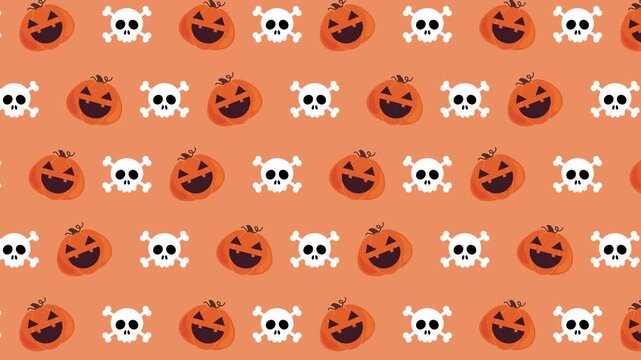 Halloween seamless pattern background with jack o lantern pumpkins and skull crossbones gentle wobbly motion loop