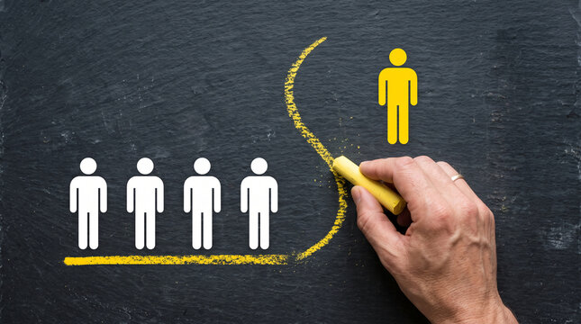 A hand draws a curved yellow line with chalk, separating a group of white figures from a single yellow figure, symbolizing exclusion or distinction.