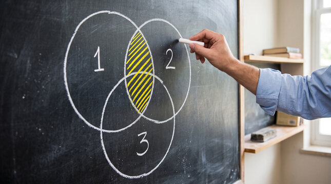 Hand drawing a Venn diagram on a blackboard with chalk, symbolizing logic, education, and problem-solving