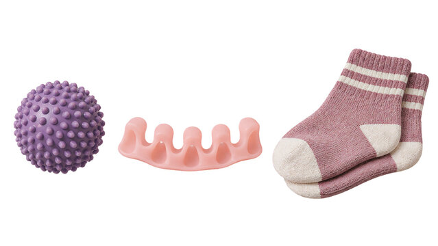 Sensory therapy tools with textured ball, foot massager, and socks isolated on transparent background
