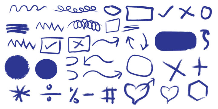 Collection of hand drawn doodle shapes arrows and design elements in blue ink on white background