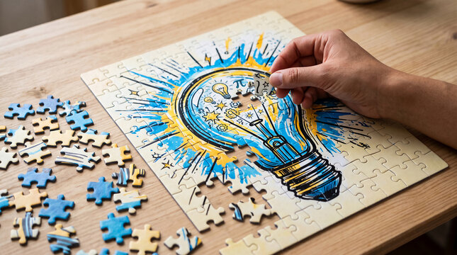 A hand places a puzzle piece onto a larger puzzle depicting a lightbulb with a radiating design, symbolizing innovation and idea generation