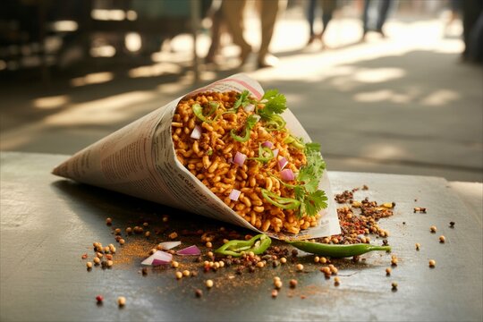 Indian street food jhal muri served in a rolled newspaper cone