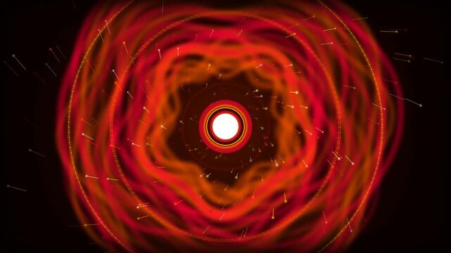 Mesmerizing abstract tunnel of pulsating red and orange energy waves, radiating from a bright white central core, surrounded by glowing particle trails and concentric rings, creating a dynamic, fut...