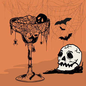 Spooky Halloween Cocktail with Skull, Spider Webs and Bats, Hand Drawn Halloween Illustration