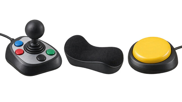 Retro gaming controller, trackball mouse, and arcade button isolated on transparent background.