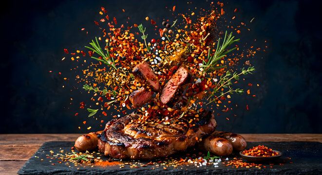 Juicy grilled beef steak cooked with aromatic spices and herbs served on dark slate board with steak knife placed beside