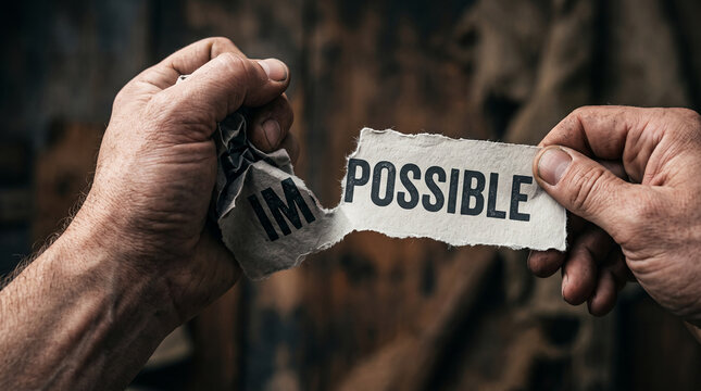 Man's hands tear paper revealing "impossible" becoming "possible", symbolizing overcoming challenges and achieving goals.