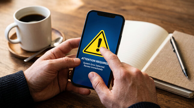 Hand holding phone with system error alert, next to coffee and notebook, symbolizing urgent technical issue or warning, needing immediate attention