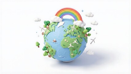 Obraz premium 3D Claymorphism Mini Planet Earth with Green Trees, Wind Turbines and Rainbow Made of Smooth Matte Clay Isolated on White Background