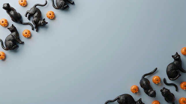 Halloween decorations with black cats and pumpkins on light gray background