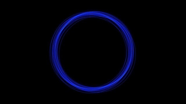 Glowing blue abstract circle frame lines loop animation with abstract motion echo effect overlay on black background. 4K animated for frame border, vj loop, title, copy space, and motion graphics.