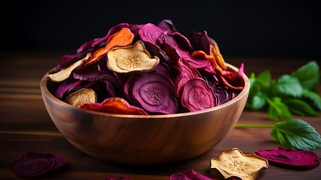 Bowl of colorful assorted vegetable chips for a healthy snack option.