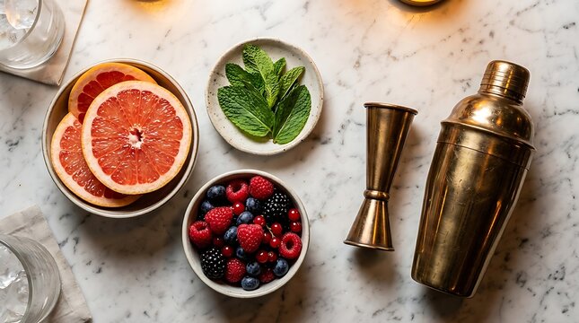 Overhead flat lay view of cocktail making ingredients including sliced grapefruit, fresh berries, mint, jigger, and gold shaker on white marble
